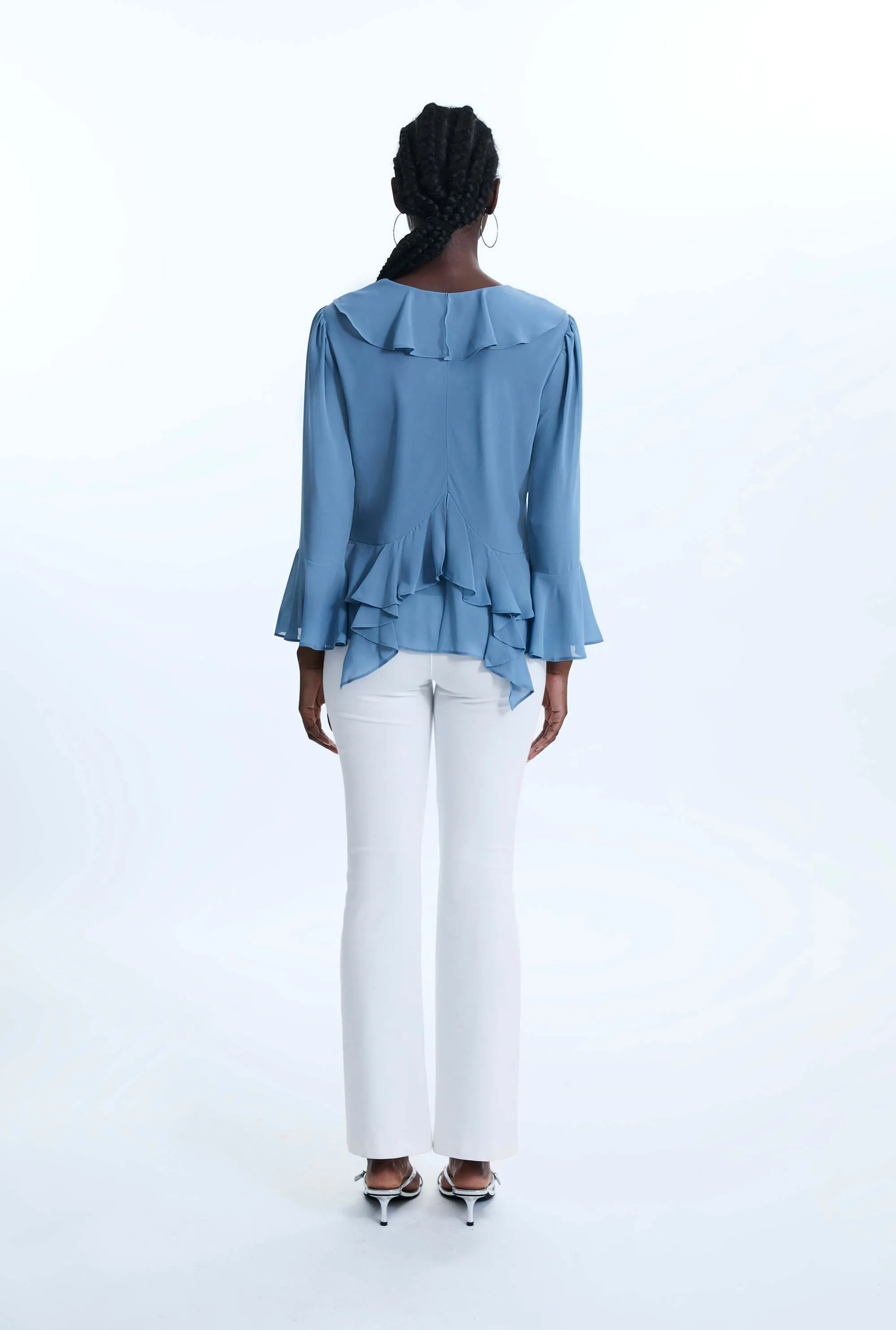 V-neck Chiffon Ruffle Blouse Denim