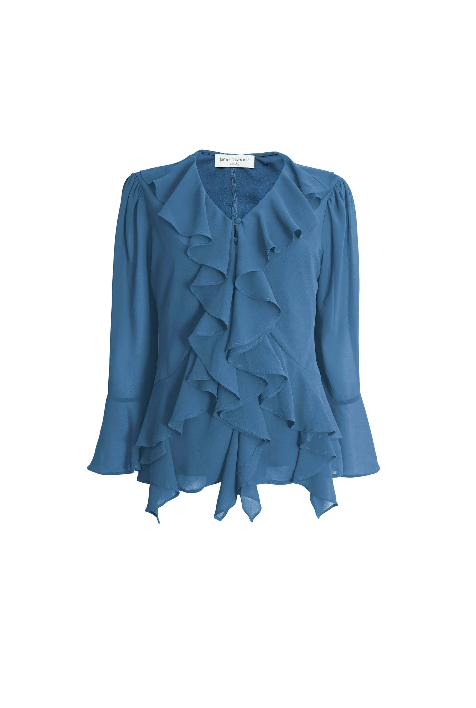 V-neck Chiffon Ruffle Blouse Denim