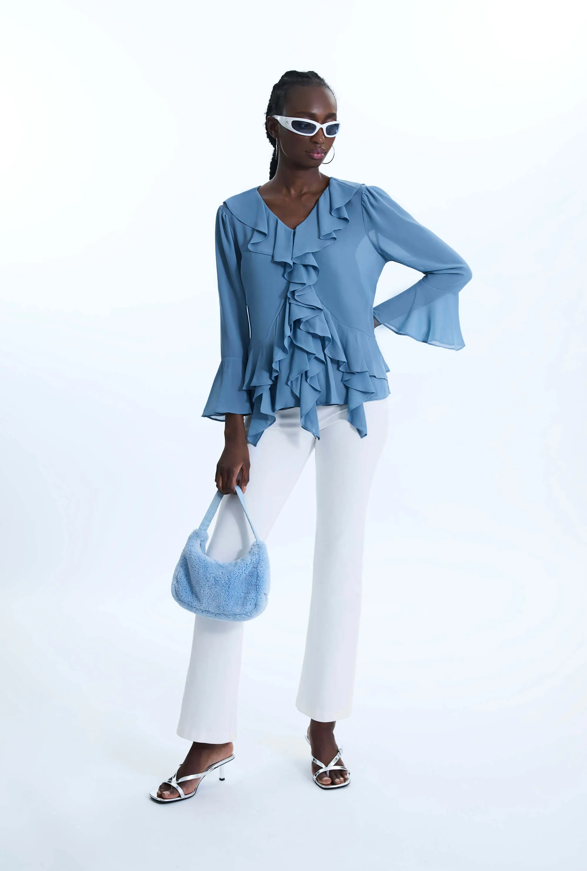 V-neck Chiffon Ruffle Blouse Denim