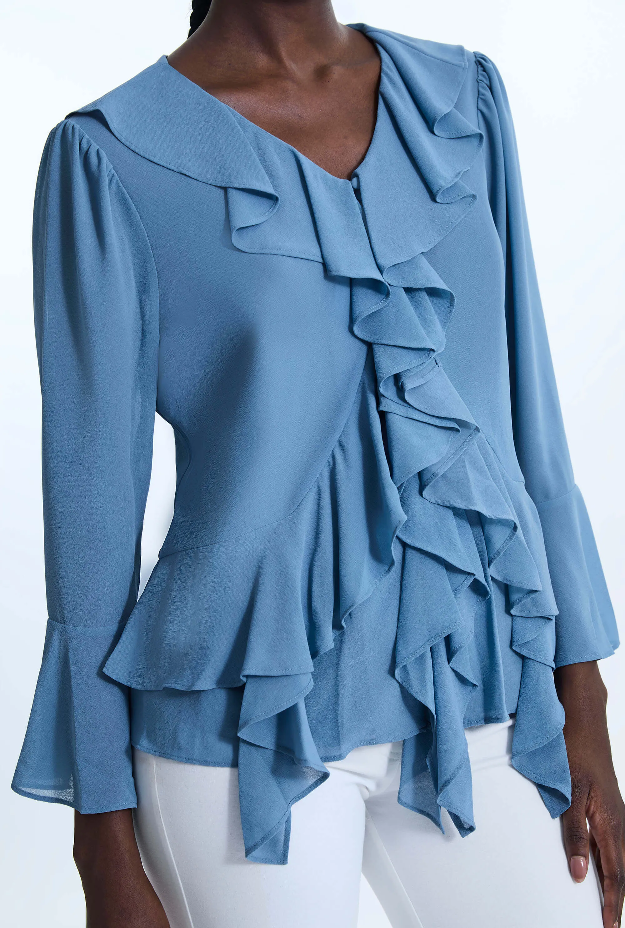 V-neck Chiffon Ruffle Blouse Denim