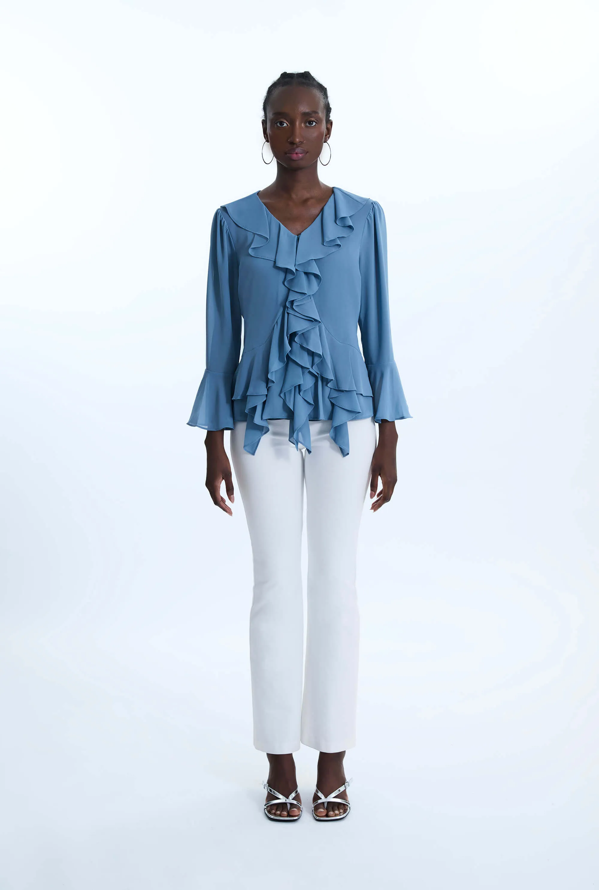 V-neck Chiffon Ruffle Blouse Denim