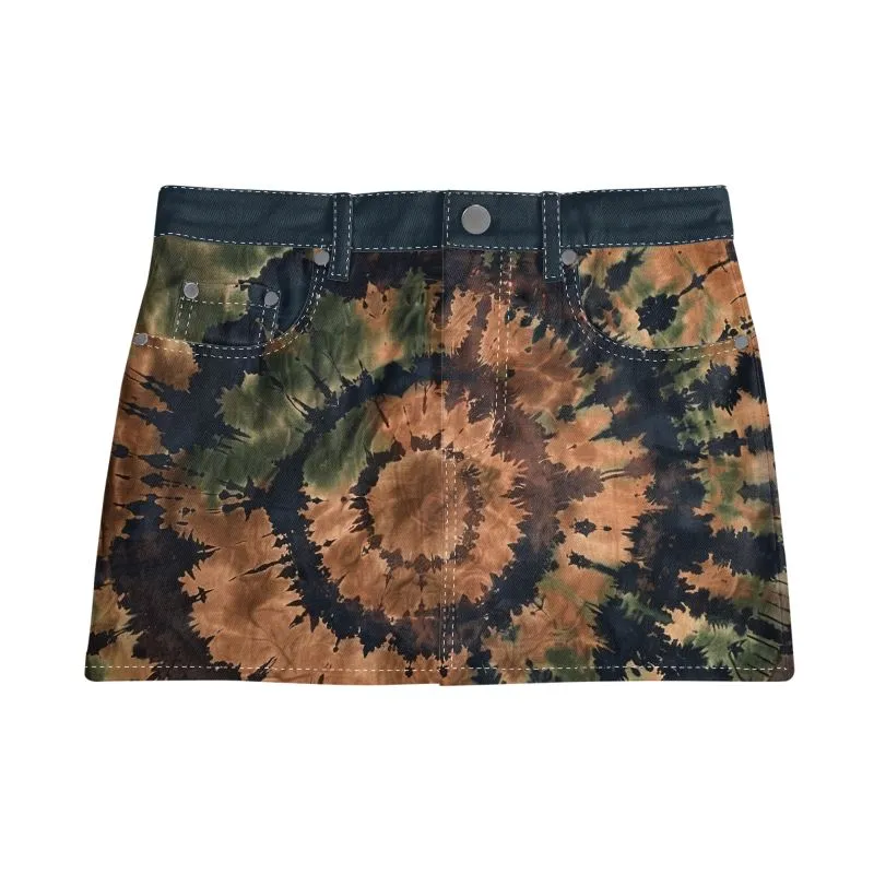 Vampire Art Boho Festival Tie-Dye Mini Denim Skirt - Earth