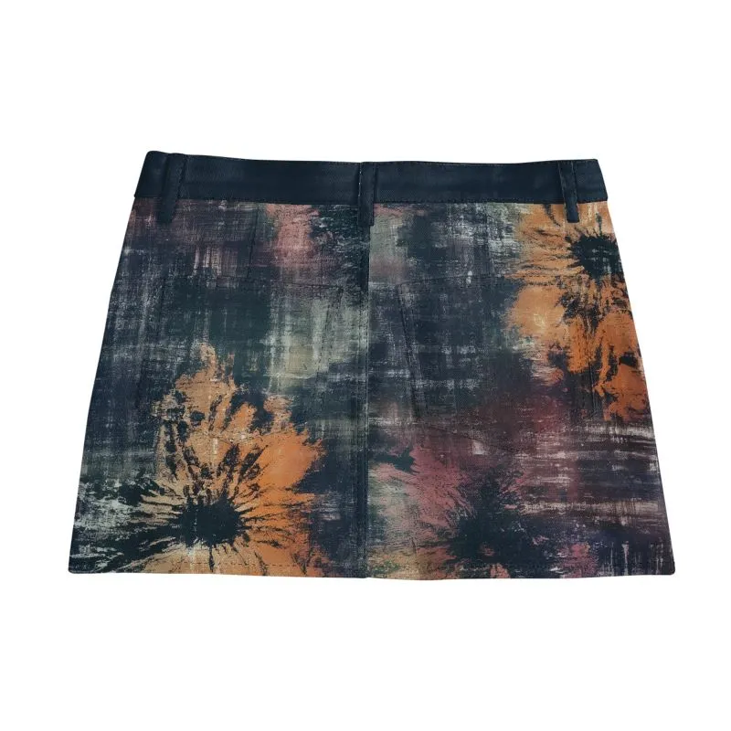 Vampire Art Boho Festival Tie-Dye Mini Denim Skirt - Navy