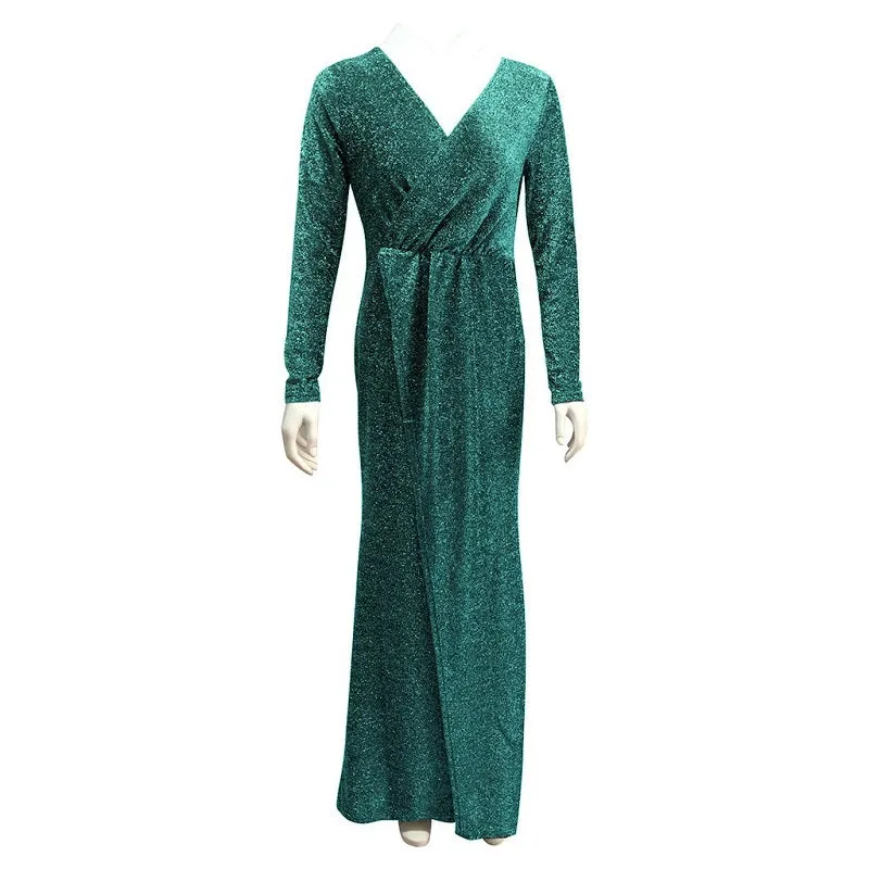 Womens Sexy Deep V-Neck Gown Long Sleeve Party Dress